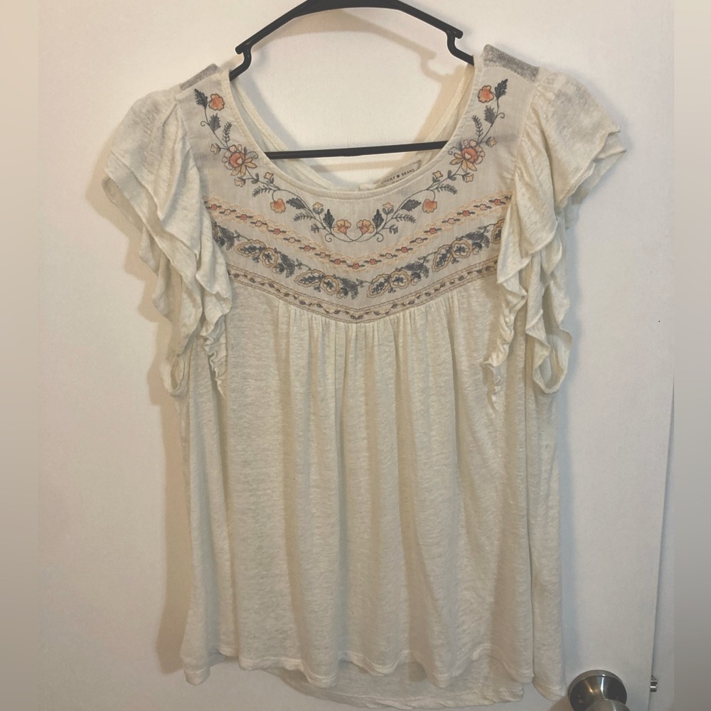 Lucky Brand Ruffle Sleeve Embroidered Top, XL